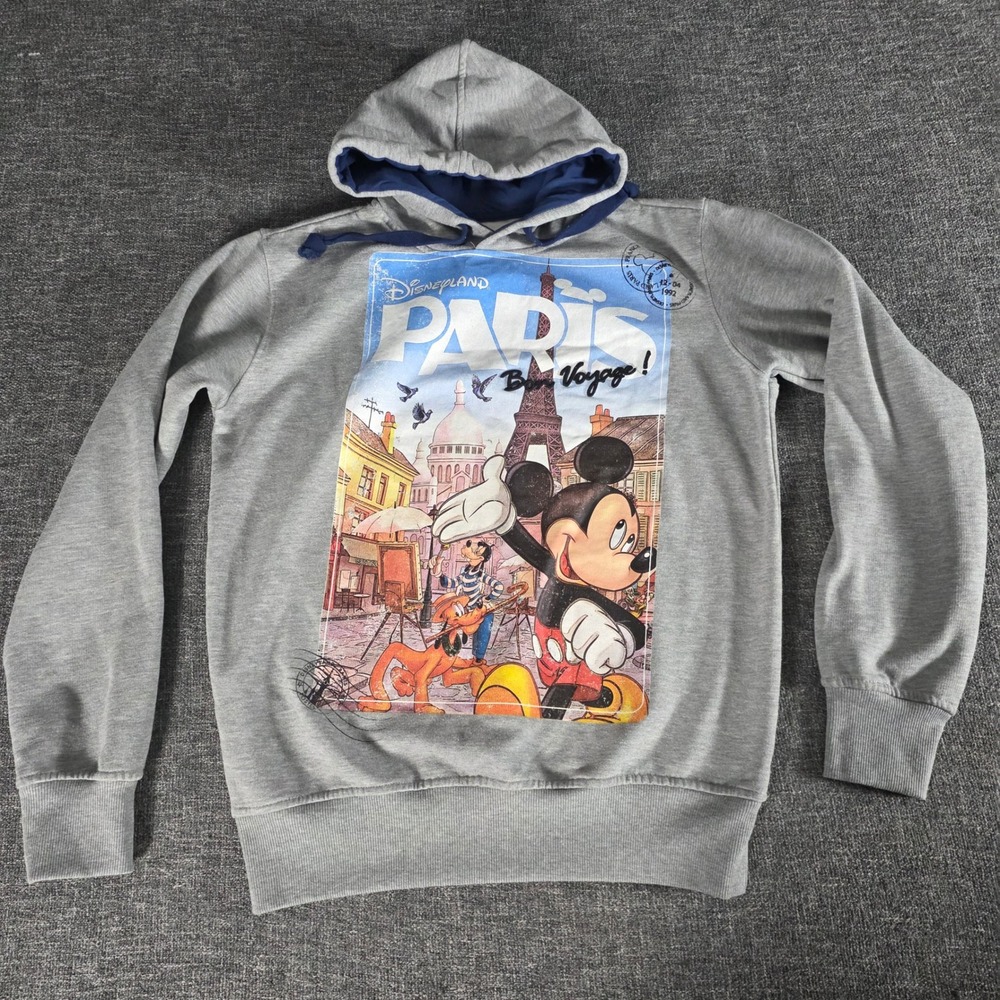 Disneyland Paris Mickey Mouse Pluto Hoodie Mens M Gray Bon Voyage Eiffel Tower